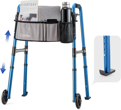 Loyoda Folding Walker with Storage Bag & Ski Glides for Seniors | 5'' Wheels, 350 lb