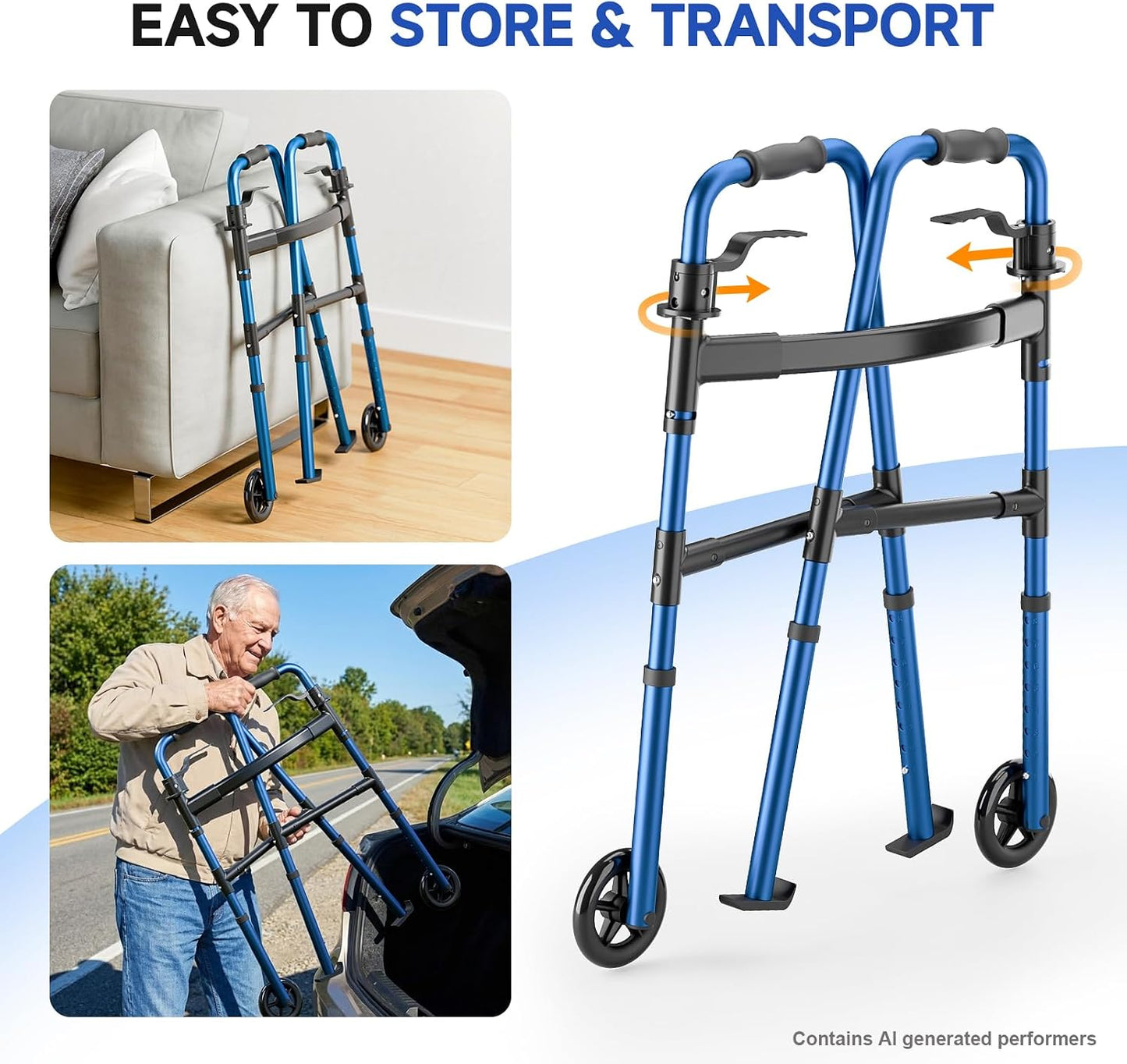 Loyoda Folding Walker with Storage Bag & Ski Glides for Seniors | 5'' Wheels, 350 lb
