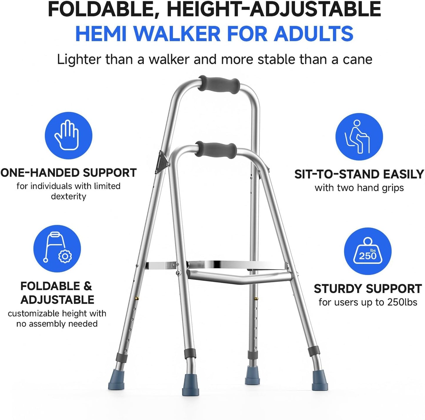 Loyoda Hemi Walker for Seniors | One Arm Folding Walker, Adjustable Height, 250 lb