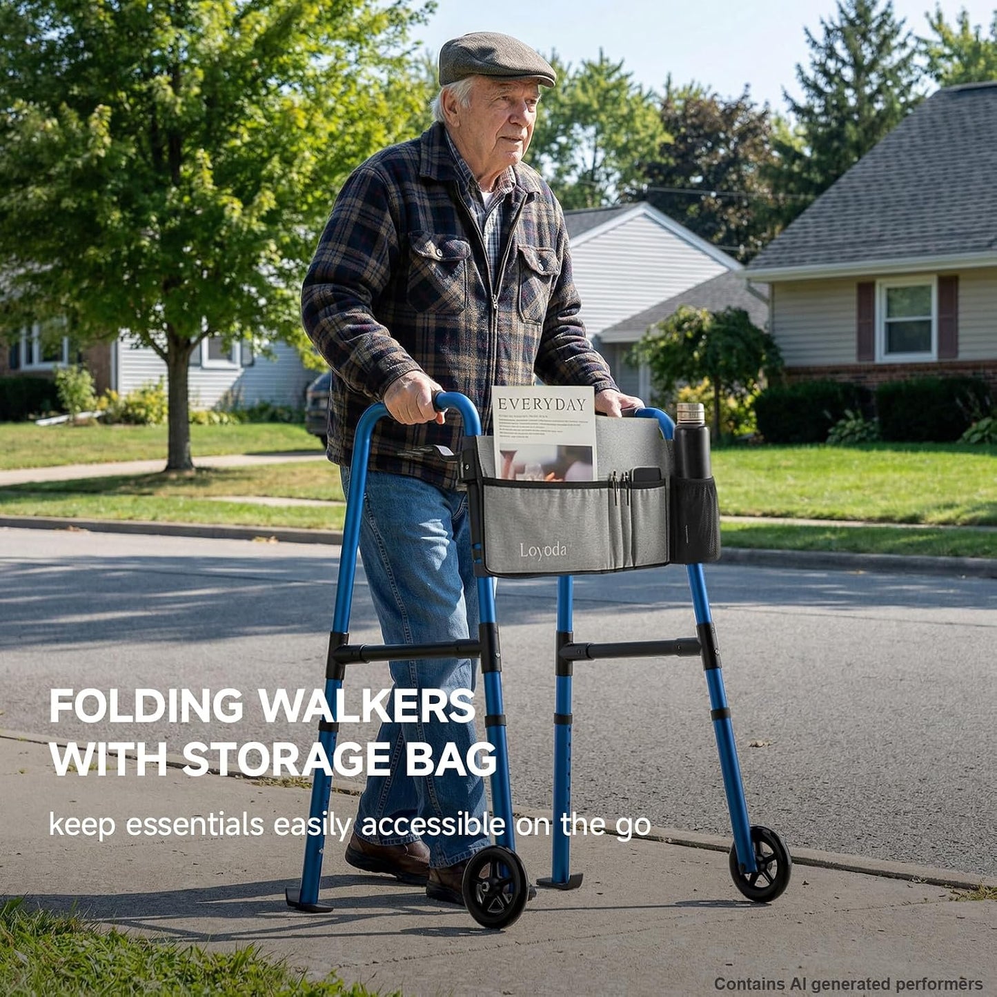 Loyoda Folding Walker with Storage Bag & Ski Glides for Seniors | 5'' Wheels, 350 lb