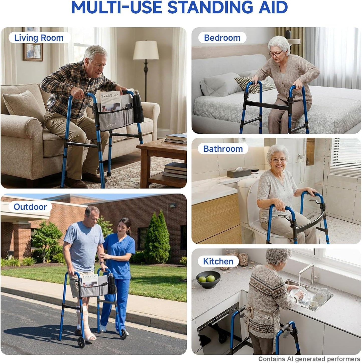 Loyoda Folding Walker with Storage Bag & Ski Glides for Seniors | 5'' Wheels, 350 lb