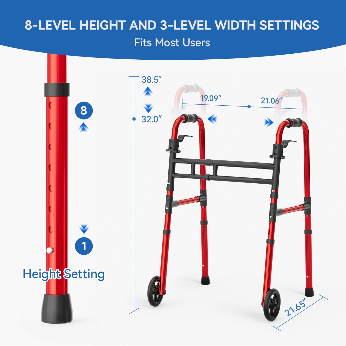 Loyoda Folding Walker for Seniors | 5'' Wheels, Height & Width Adjustable, 350 lb, Red