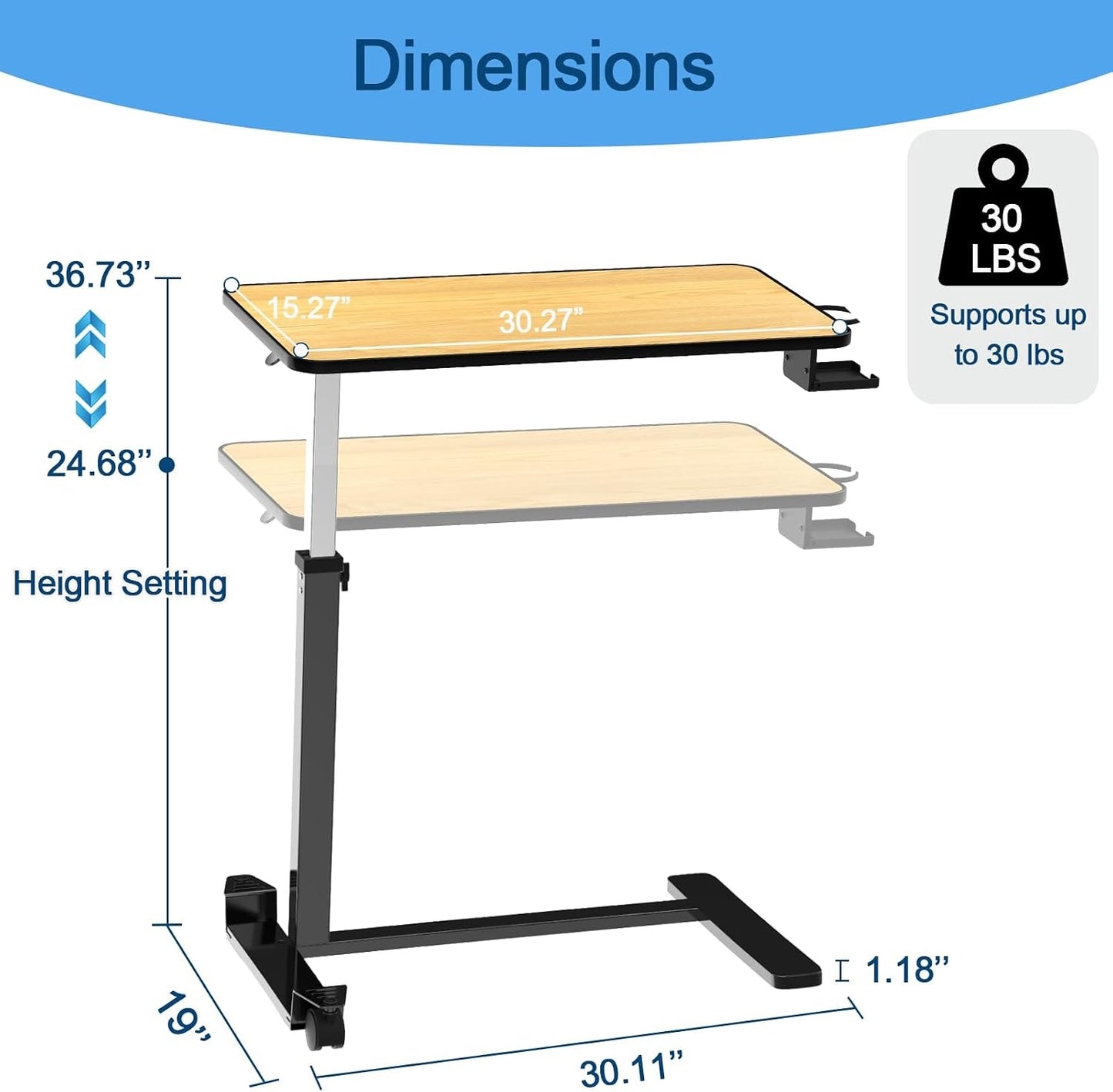 Loyoda Adjustable Overbed Table with Lockable Wheels & Cup Holder, Teak