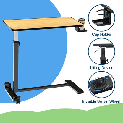 Loyoda Adjustable Overbed Table with Lockable Wheels & Cup Holder, Teak